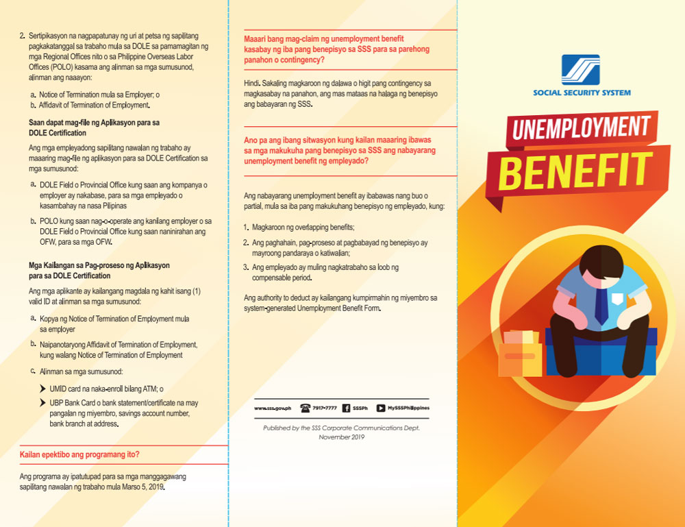 Page 1 of SSS Unemployment Benefits brochure.